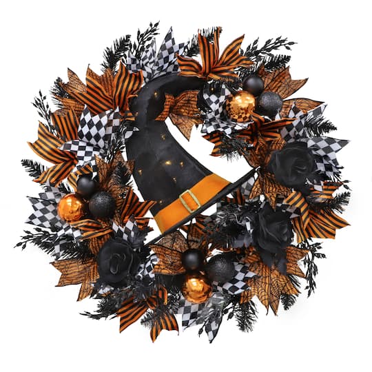 Ashland; 26" Black & Orange LED Witch Hat Wreath by Ashland®; Category:Wreaths & Garlands; Image:1